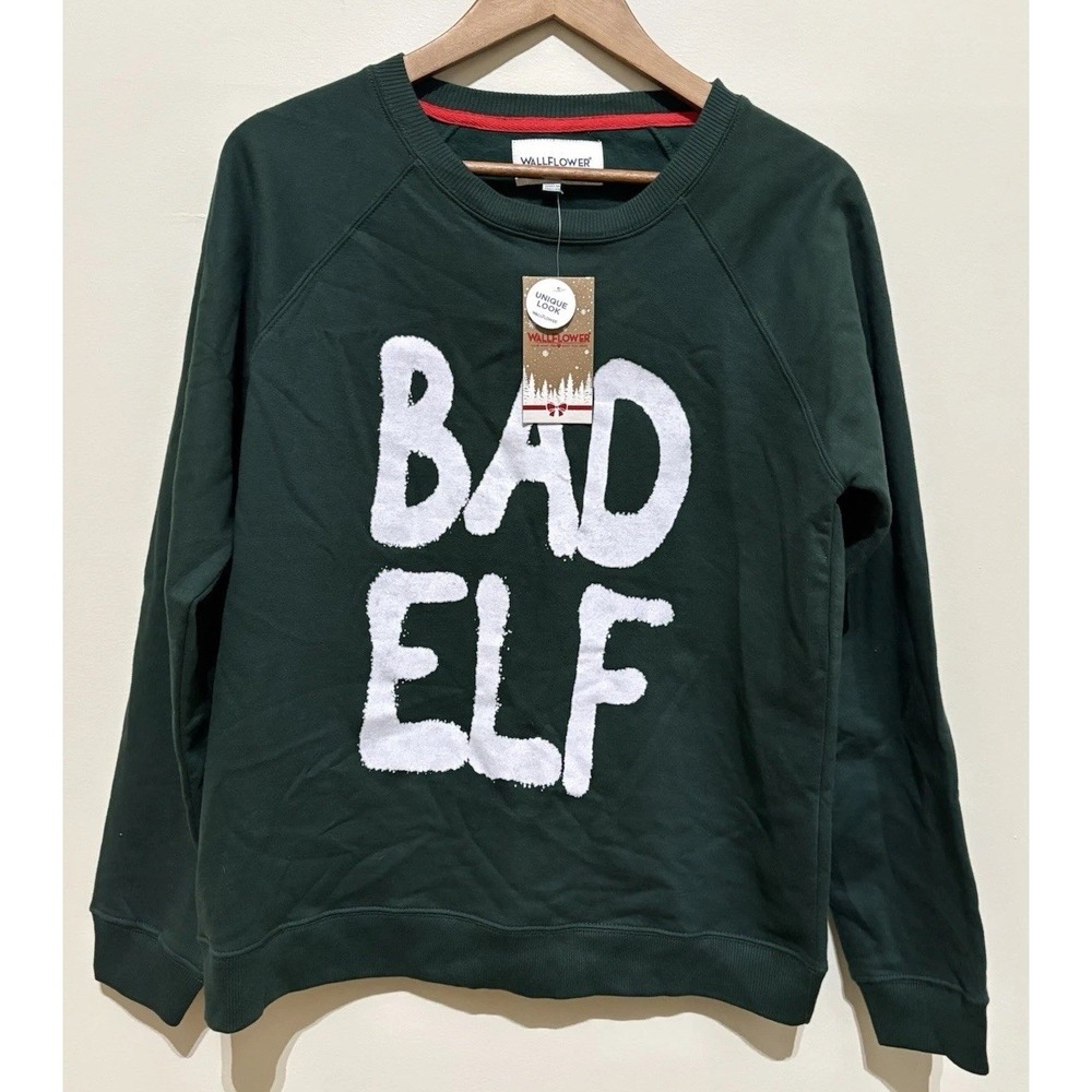 NWT Wallflower Womens Green Sweatshirt Bad Elf Holiday Christmas M W9B14511T